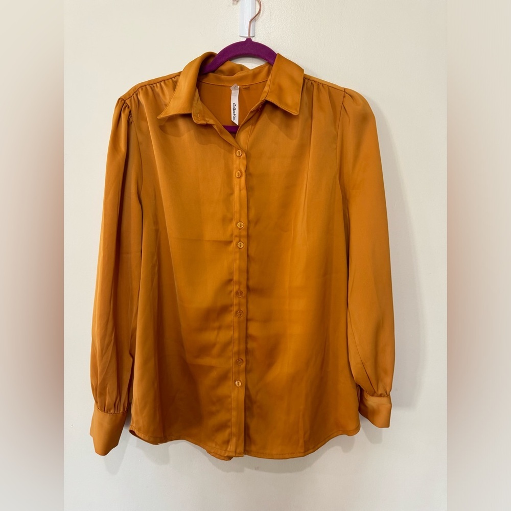 NY Collection Women’s Satin Blouse puff sleeves shirt smooth soft button up L